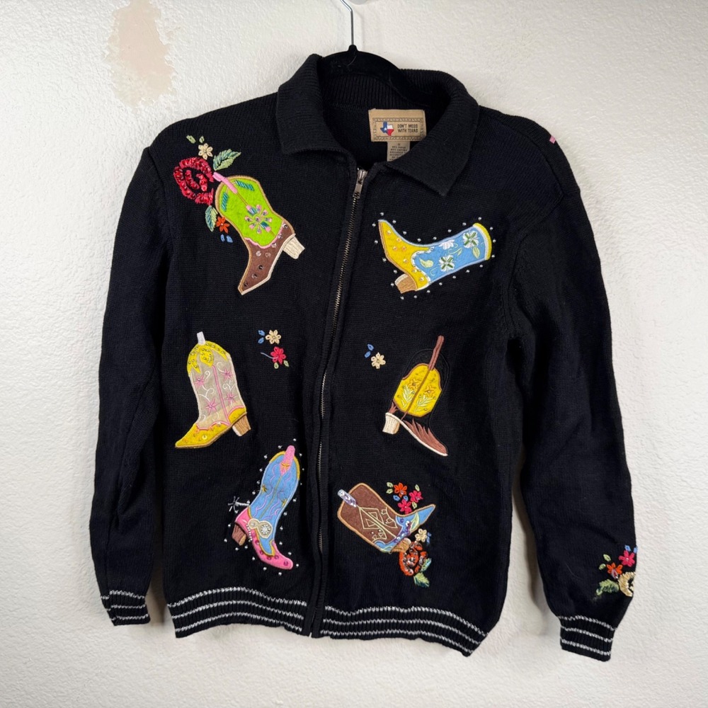 Vtg Don't Mess With Texas Sweater Cardigan Embroidered Cowgirl Boots Black Sz S